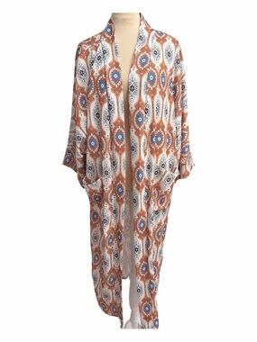 Rust & Blue Printed Open-Front  Cover-Up Kimono